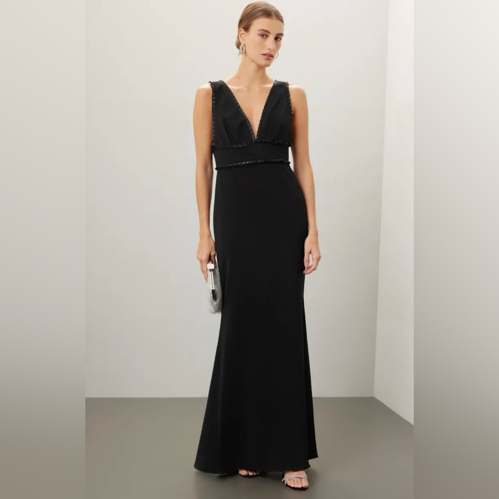 Badgley Mischka Black V-Neck Beaded Trim Maxi Gown